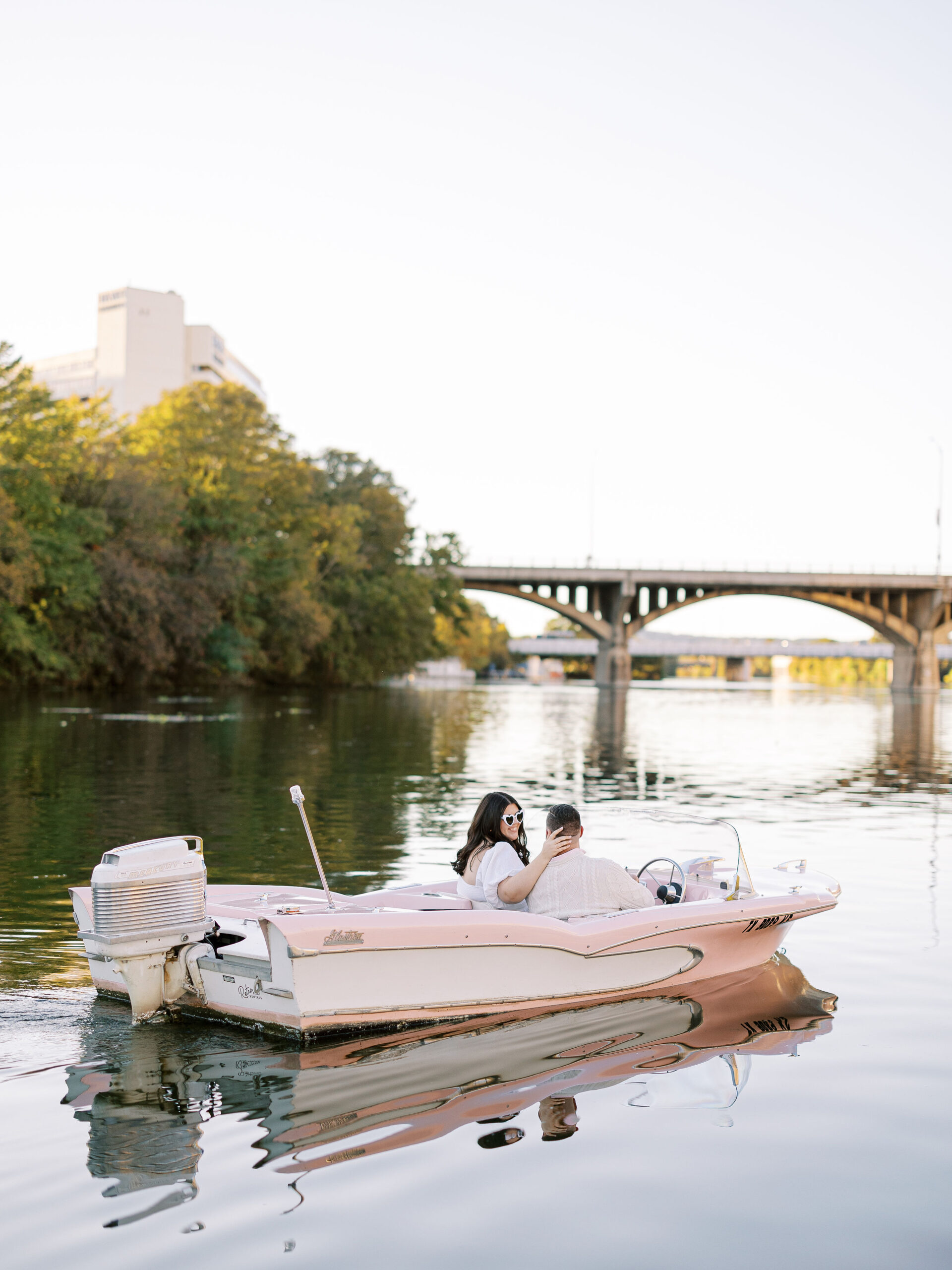 South Congress Engagement Session Retro Boat on Lady Bird Lake