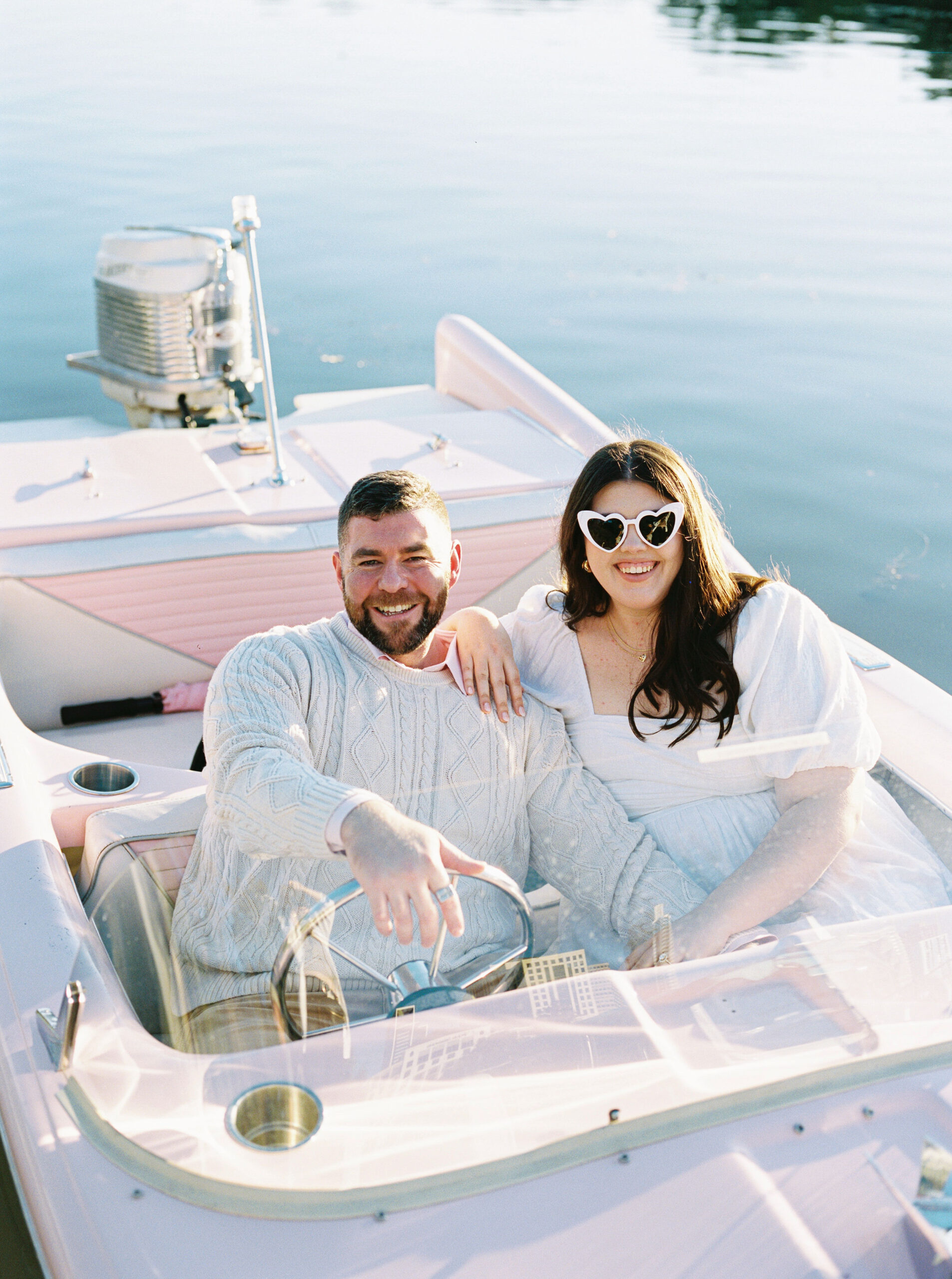 South Congress Engagement Session Retro Boat on Lady Bird Lake