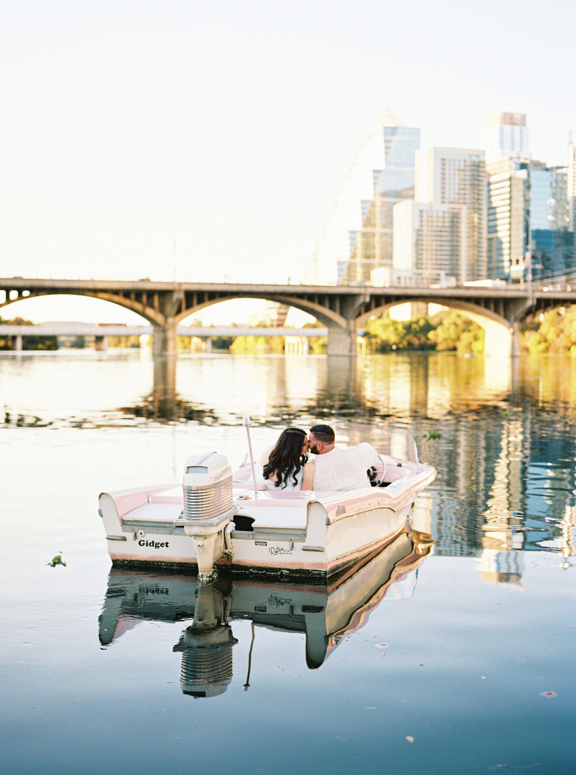 South Congress Engagement Session Retro Boat on Lady Bird Lake