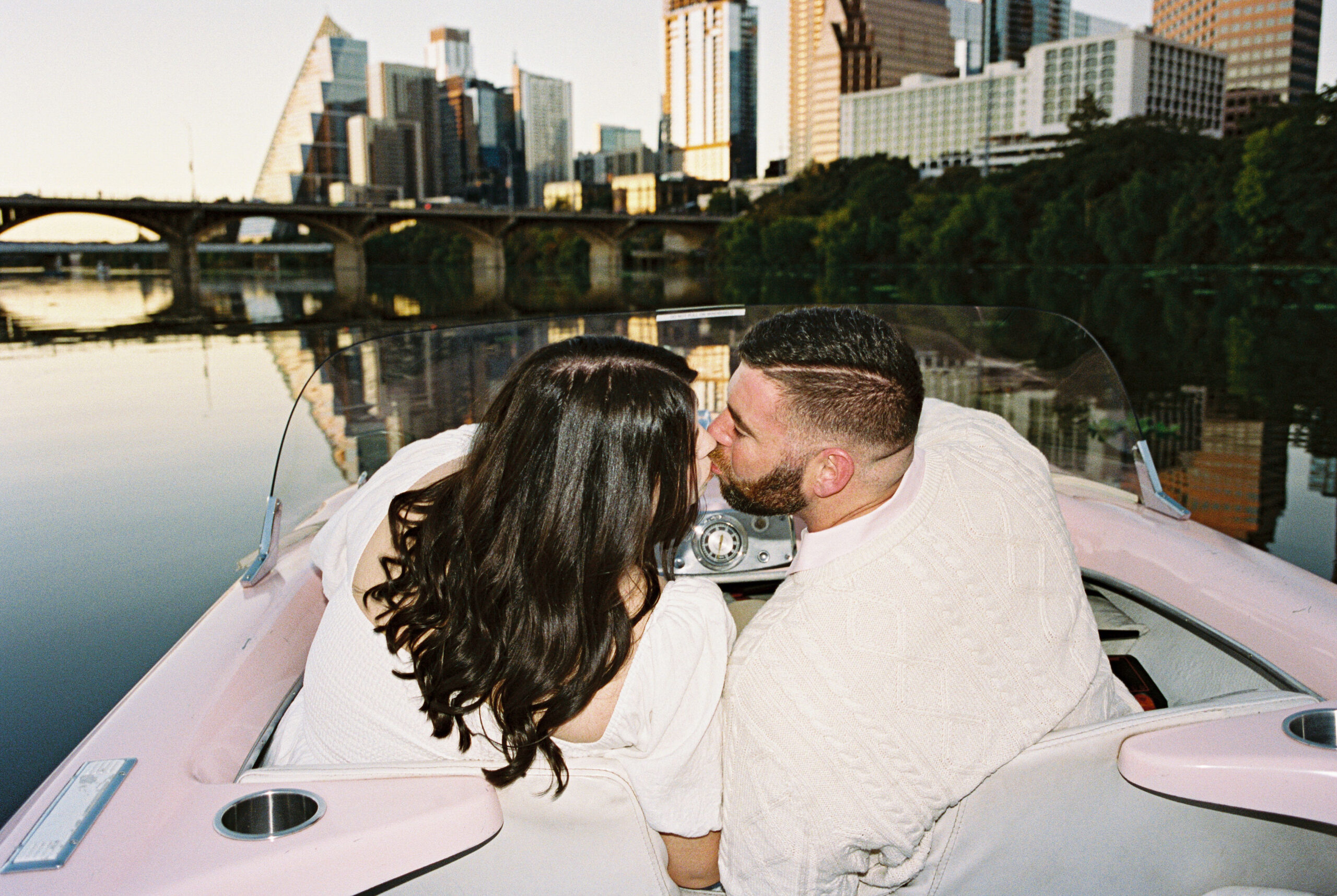 South Congress Engagement Session Retro Boat on Lady Bird Lake