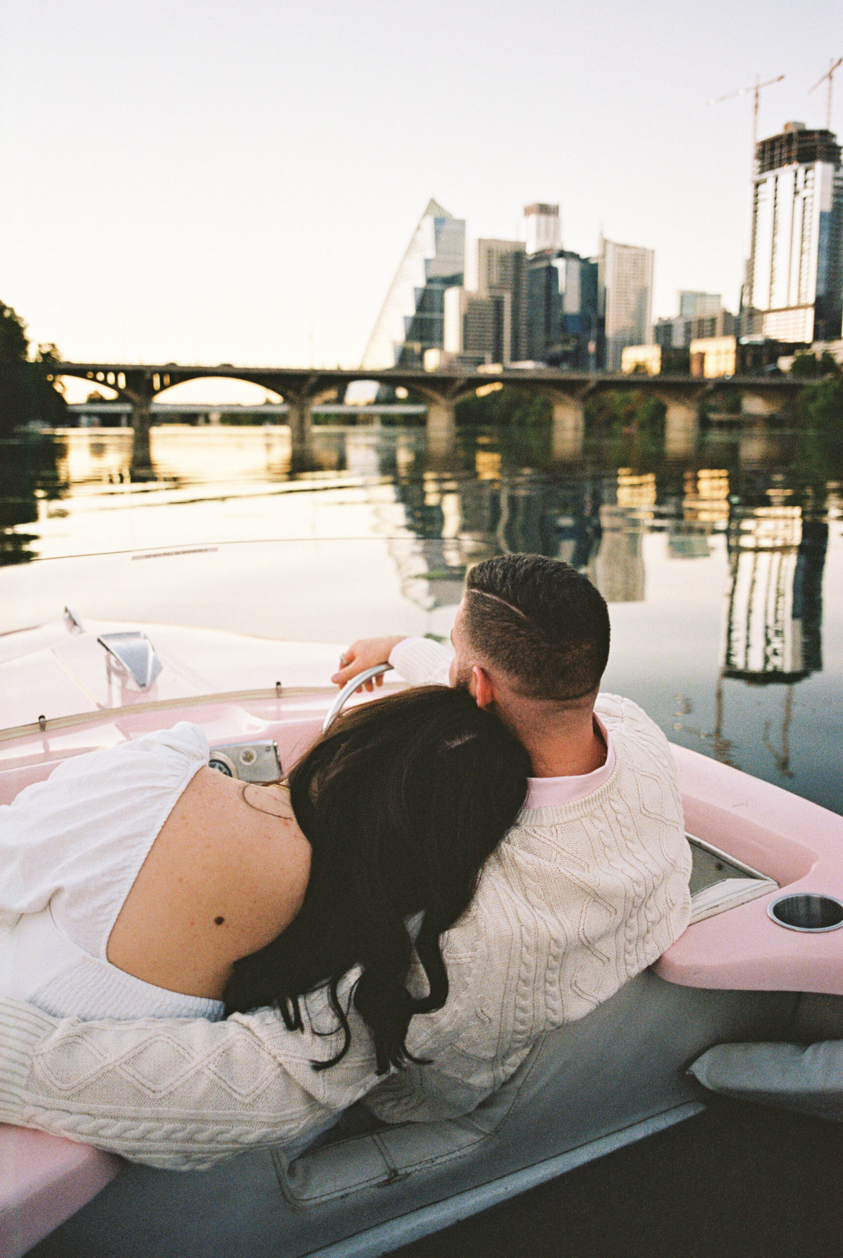 South Congress Engagement Session Retro Boat on Lady Bird Lake