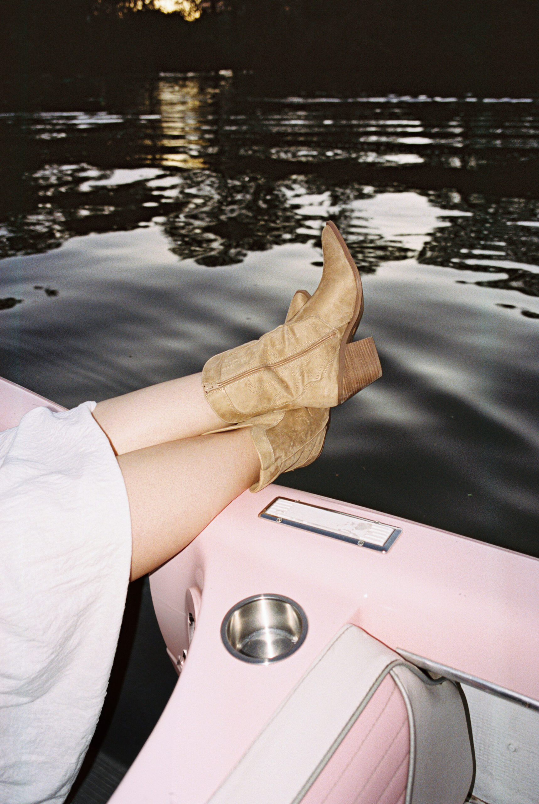 South Congress Engagement Session Retro Boat on Lady Bird Lake