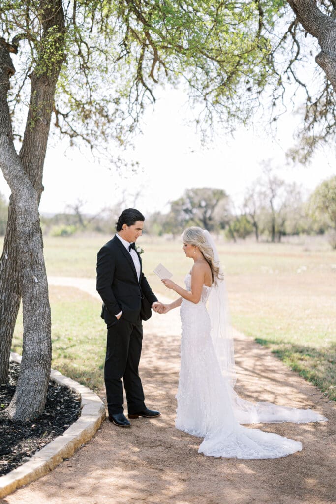Elegant Dos Palomas Ranch wedding bride and groom first look