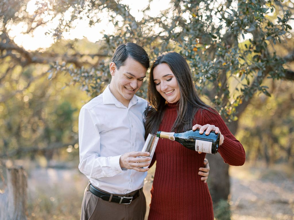 Warm sunset engagement photos at Wimberley family property