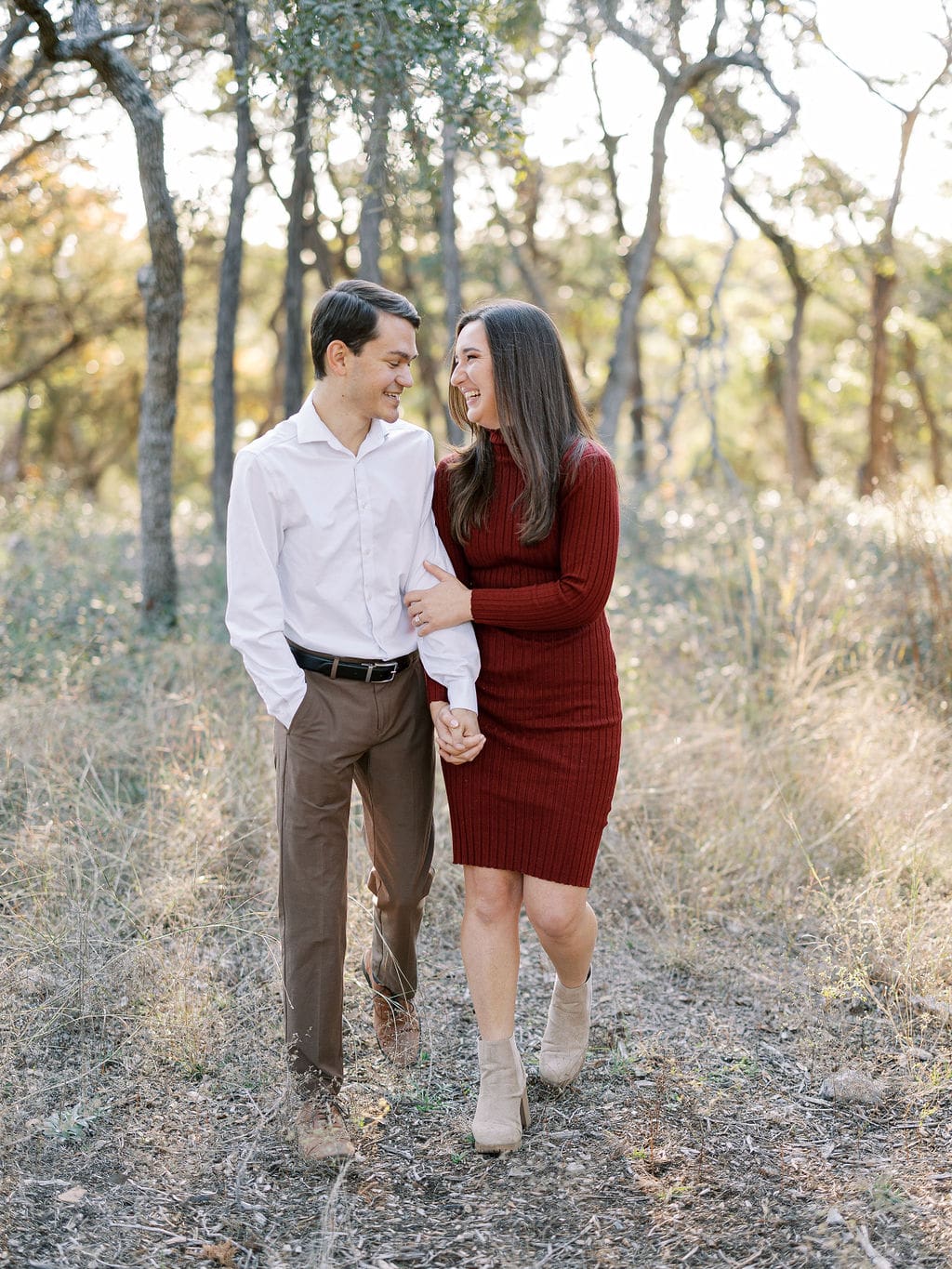 Romantic golden hour engagement portraits in Wimberley Texas